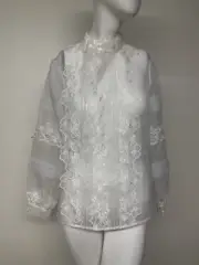 White House Black Market Womens Long Sleeve Lace Blouse White Chiffon Sz 8