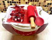 Mixing Bowl & Baking Utensil by The Bakeshop RED WHITE Santa Reindeer New.