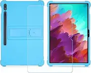 Case for Samsung Galaxy Tab A9 + Tempered Glass Screen Protector, Slim Black Shock-Absorption Soft TPU Bumper Protective Phone Case Cover for Samsung Galaxy Tab A9 (11,0") - TBlue