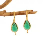 Checker Cut Pear Shape Green Quartz Gold Plated Bezel Set Drop Earring Connector