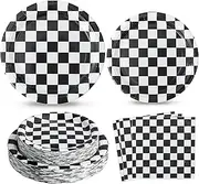 RVXHUA 150PCS Race Car Birthday Party Decorations - Black and White Checkered Plates and Napkins for 50 Guests, Disposable Tableware Supplies for Birthdays, Game Day, and Racing-Themed Parties