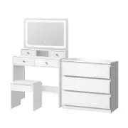 Oikiture Dressing Table Stool Set LED Mirror 7 Drawers White