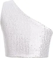[FEESHOW] Kids Girls Crop Top Single Shoulder Sleeveless Shiny Metallic Crop Vest Performance Tops Dancewear