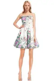 Jewel Badgley Mischka Strapless Floral Mini Bubble Hem Green sz 8, 12
