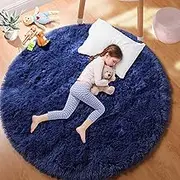 PAGISOFE Soft Navy Round Rug 4Ft, Circle Rugs for Boys Bedroom,Fluffy Shaggy Carpets, Small Children Rug,Furry Teepee Mat,Comfy Reading Rug for Classroom, Area Rugs for Girls Boys Baby Room Nursery