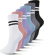 [WAYAOFEI] 6 Pairs Women Long Pilates Grip Socks with Non Slip Crew Grippy Socks with Stripe for Sports Yoga Barre Ballet