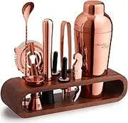 Mixology Bartender Kit: 10-Piece Copper Bar Set Cocktail Shaker Set with Stylish Mahogany Stand | Perfect Home Bartending Kit with Rose Gold Bar Tools and Martini Shaker for Foolproof Drink Mixing