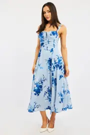 Blue Floral Midi Dress Gathered Bust - Size 16XL, Women's Midi Dress