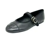 CHANEL REV CC Logo Leather Mary Jane Ankle Strap Flat Ballerina Shoes Black
