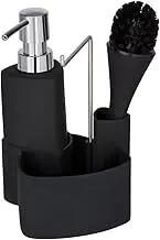 WENKO Sponge, Dish Brush and Dishcloth Holder, 4 in 1 Soap Dispenser for Kitchen Sink, Dispenser Pump, Set with Tray, 4.3 x 7.5 x 4.9 inch, Black