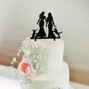 Silhouette Two Brides with Cat and Dog Cake Topper