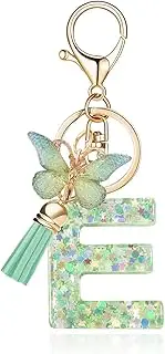 [OKAICEN] Fashion Alphabet Initial Letter Keychain Green Tassel Butterfly Pendant Key Ring for Purse Handbags Women Girl