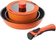 Bestco NM-222 Best Wear Resistance Frying Pan Pot Glass Lid Handle Set of 5 IH Gas Fire Safe Orange