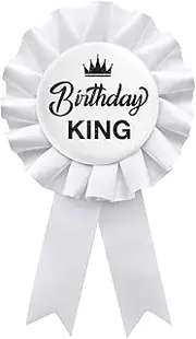 [WIDEIDEAL] Birthday King Tinplate Badge Pin, Happy Birthday Rosette Button Pin Boy or Men White Award Ribbon Party Decorations Sign, Plastic, no gemstone