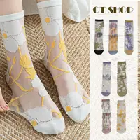 在飛比找Yahoo奇摩購物中心優惠-女款襪子 透膚絲襪 玻璃襪 中筒襪 日系花朵刺繡圖案 甜美可