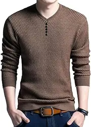 [Gsywaipei] Men's Solid V Neck Knitted Pullover Casual Long Sleeve Male Knit Sweater Slim Fit Wool Knits Sweaters, Coffee, 3X-Large
