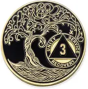 Sobriety Mint 3 Year Twisted Tree of Life Gold Plated AA Recovery Medallion/Chip/Token - Black