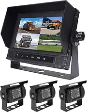 Elinz 7" Waterproof Monitor HD 12V/24V Quad Splitscreen 3X Reversing CCD Camera 3X 10m Advanced 4PIN Cable Mining Vehicle Truck Boat 800x480, Sunshade, 120 Degree, 600TVL, IR LED Night Vision, IP69