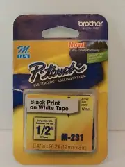 Brother M231 Genuine 1/2" 12mm Black on White Print P-touch Tape for Label Maker