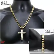 24"Stainless Steel 9mm Silver/Gold Plated Cuban Chain Bracelet Cross Pendant*A