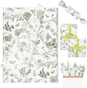 Whaline 100 Sheets Sage Green Floral Tissue Paper Chinoiserie Flower Bird Butterfly Gift Wrapping Paper for DIY Art Crafts Wedding Birthday Packaging, 13.8 x 19.7 Inch