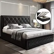 [Artiss] Double Bed Frame Platform Tufted Headboard Frames Gas Lift Beds Base with Storage Space Bedroom Room Decor Home Furniture, Upholstered with Black PVC Leather + Foam + Wood