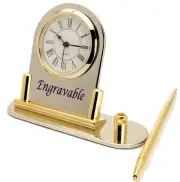 STAINLESS STEEL,SILVER/GOLD FINISH ENGRAVABLE DESK TOP W/PEN QUARTZ MINI CLOCK.