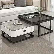 EKDJSN Nesting Coffee Table Set of 2, Nesting Tables with Tempered Glass and Drawer Storage, Only 0.4m² Floor Space, Stacking Tables for Living Room, Office, No Need Assembly(Gray+Black)