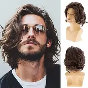 Short Wavy Brown Wigs for Men Natural Layered Cosplay Hair Wig