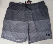 Quicksilver Black & Gray Striped Swim Shorts Men's Size Large Swimming Trunks