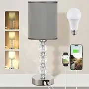 Clora Touch Bedside Crystal Lamps for Bedrooms Nightstand with USB C+A Charging Port 3 Way Dimmable Silver Table Lamp for Living/Guest/Dinning Room/Kitchen (Type A - Gray)