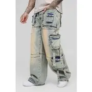 Mens Mid Wash Tall Baggy Rigid Multi Pocket Strap Detail Cargo Jeans