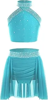 [Kvysinly] Kids Girls Sparkly Rhinestone Sleeveless Crop Top With Skirts Set Lyrical Latin Jazz Skating Outfits Dancewear