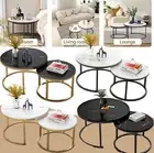Set of 2 Coffee Table Nesting Side End Desk Round Marble Table Furniture Wooden