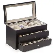 BEY-BERK Matte Black Wood 36-Watch Box with Glass Top and 2-Drawers Velour and