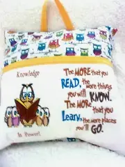 OWLS " KNOWLEDGE IS POWER" BOOK POCKET PILLOW HANDMADE EMBROIDERED 16" X 16"