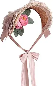 [Besforta] Girls Women Victorian Lolita Flat Bonnet Cap Tea Party Sun Hat Lace Bows Flower Ribbons Straw Hats