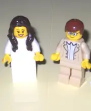 NEW LEGO WEDDING DK BROWN HAIR BRIDE AND BROWN HAIR GROOM WITH GLASSES, TAN TUX