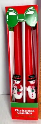 Christmas Red Wax Candles w/Snowmen Set of 2 10" Tapers New