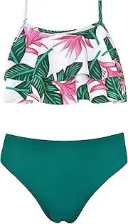 [SHEKINI] Girls Floral Printing Bathing Suits Ruffle Flounce Two Piece Swimsuits