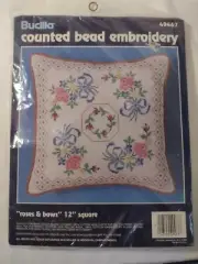 Bucilla Counted Bead Embroidery Kit Pillow Cross Stitch Roses & Bows 12"x12"