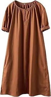 [Minibee] Women's Cotton Linen Dress Short Sleeve Midi Casual Plus Size Tunic Dress with Pockets