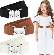 [ASTER] 3Pcs Girls Belts, Elastic Toddler Belts for Girls, Cute Stretch Kids Belt Adjustable Toddler Belts with Heart Buckle for Boys Girls, White,black,brown, 73.5x3cm