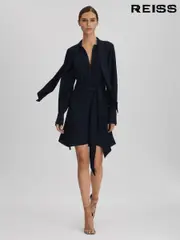 Reiss Navy Ellie Tie Neck Zip Front Mini Dress (Q82024) | $395