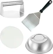 430 Stainless Steel Burger Press Kit with Burger Flipper, Cheese Melting Dome & 50 Wax Discs, Burger Smasher with Smash Burger Press, Protein Press, BBQ Smash Burger Kit for Burger (4pcs)