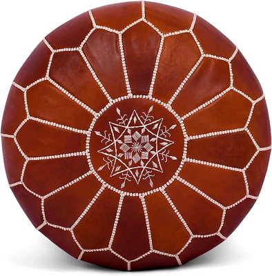 Vintage Ottoman Moroccan Footstool Pouffe Leather Brown Round Handmade