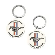 2PK Nostalgic Art Metal 7.5x4cm Round Keyring Ford Mustang Horse & Stripes Logo