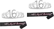 [Minkissy] 2 Sets 16 Birthday Party Sash Crown Set Rhinestone Hair Comb Sash for Girls