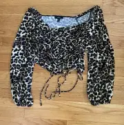 Forever 21 Crop Top Women’s 0X Leopard Print Shirt Ruched Front Drawstrings NWT