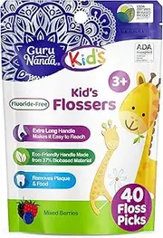 GuruNanda Dental Floss Picks for Kids, Extra-Long Giraffe-Shaped Picks with Fluoride, Anti-Slip & Shred-Resistant Design & Eco-Friendly Handle & Berry Flavor, Ideal for Ages 3+, 40 Count (Pack of 1)